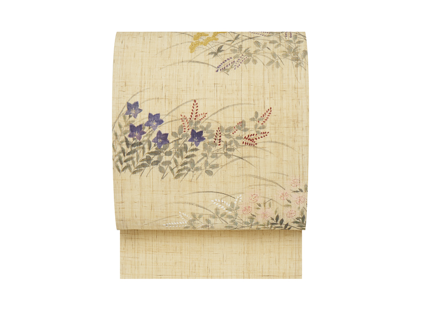 秋草模様手描麻開名古屋帯 桐山紫香作(F96066to) 帯紹介