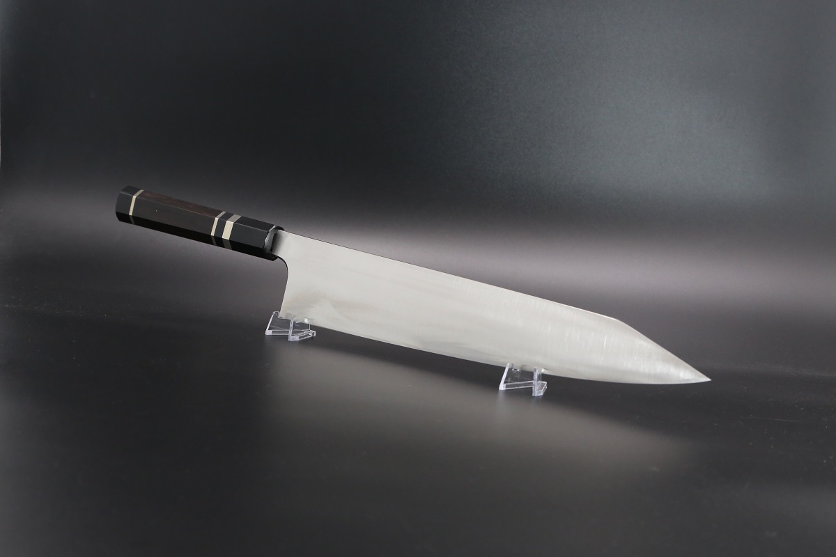 勘所型 切付和牛刀 V金10号 330mm 全鋼本焼 木砥仕上 八角黒檀柄-歌舞