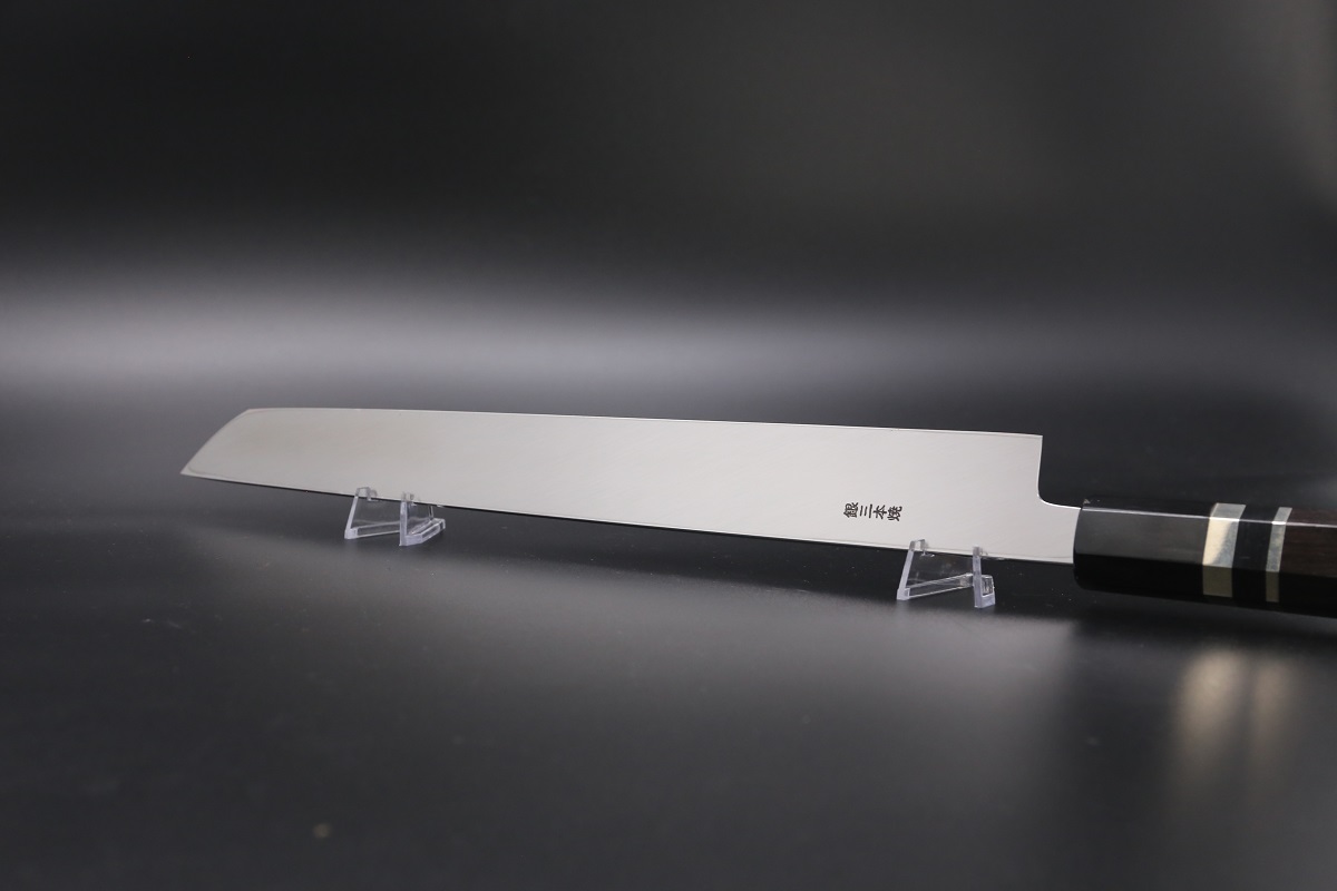 先丸蛸引 銀三本焼 300mm 平鏡面 黒檀柄 鞘付き【左利き用】-歌舞伎ナイフ