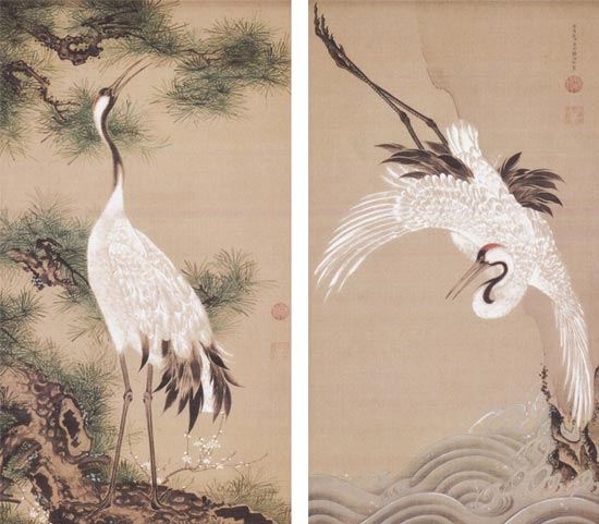 伊藤若冲 絵画 白鶴図額装セット （松に鶴・浪に鶴） 送料無料 【複製