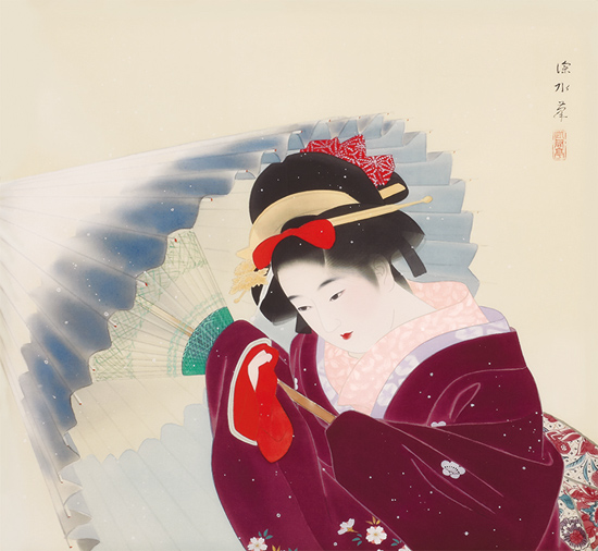 伊東深水 掛け軸 『吹雪』 送料無料 【掛軸】【一間床】【丈の短い掛軸