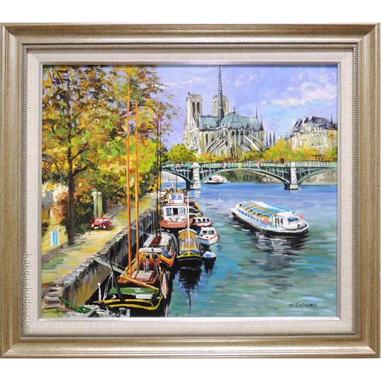 絵画 油絵 セーヌ河・ノートルダム寺院 フランス・パリ （藤原英信