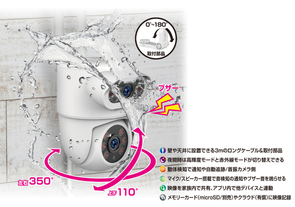 スマートカメラ 2眼/防水/首振/照明 – カシムラ