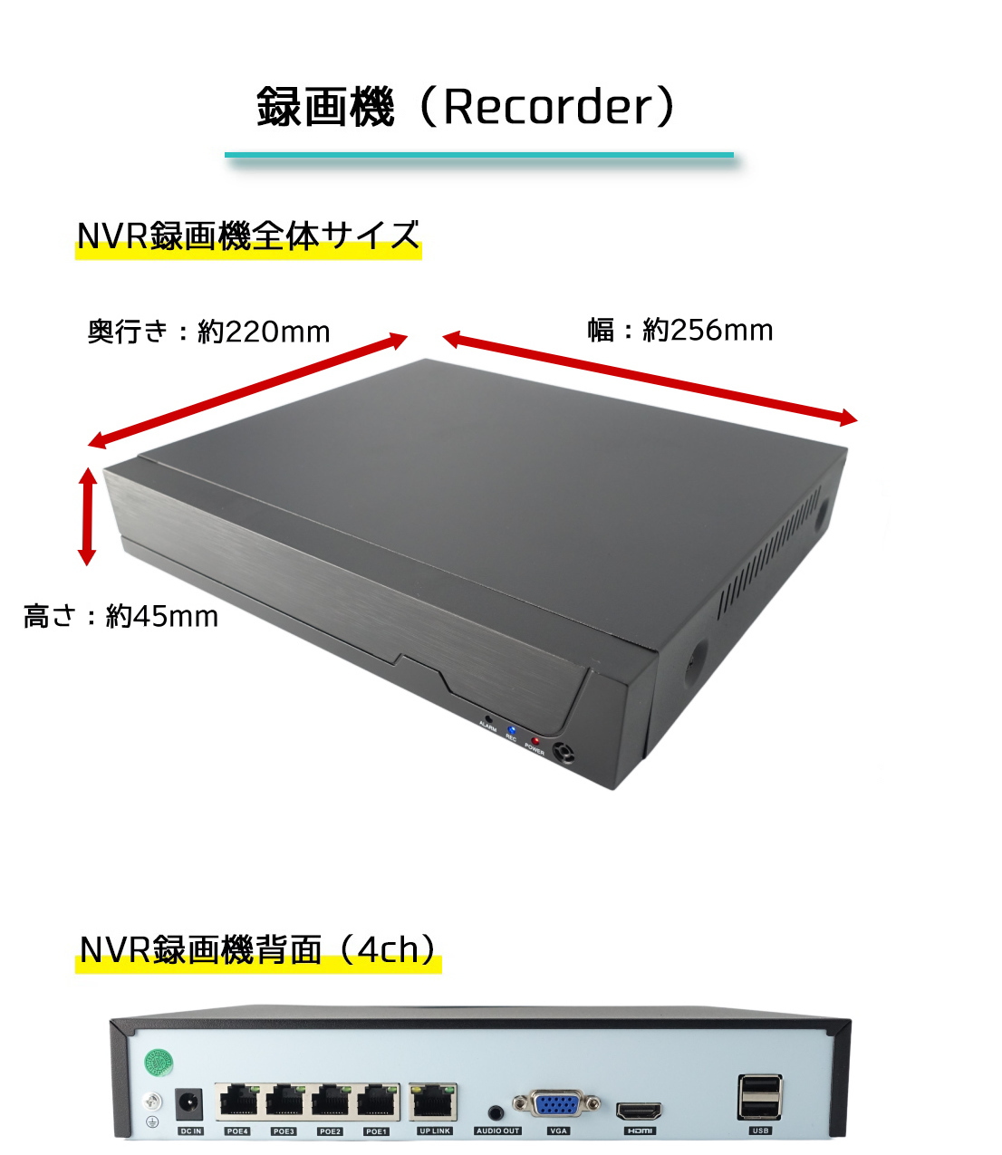 防犯カメラ用 PoE48V給電 4CH NVR録画機(選べるHDD容量) 4K(800万画素