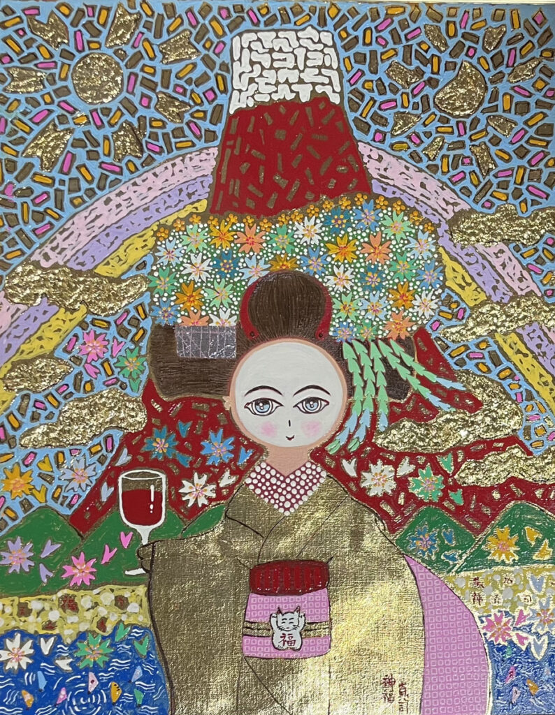 真作】 大杉真司 「見つめて富士左馬」 油彩 ＋ 金箔・プラチナ箔 真作