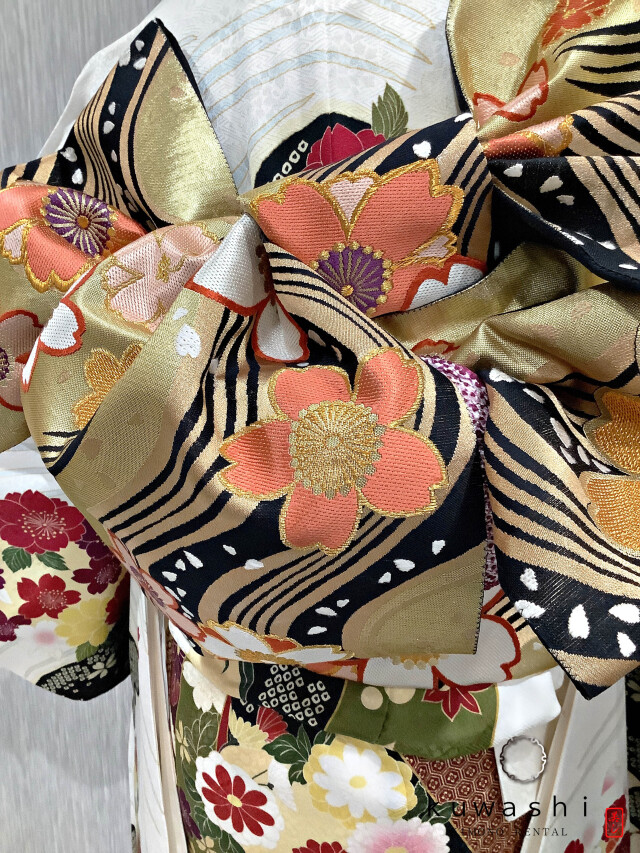 正絹振袖レンタル】 80006 ホワイト吉祥桜正絹振袖袋帯セット