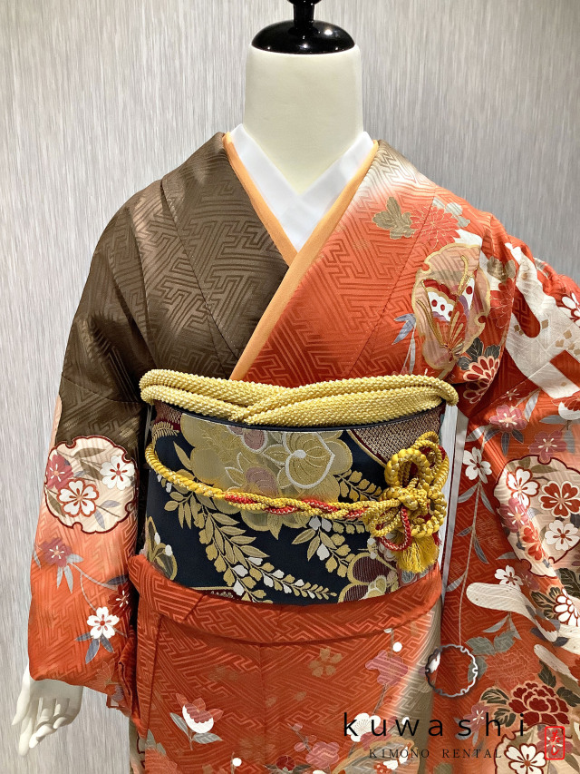 正絹振袖レンタル】 80022 テラコッタオレンジ芍薬蝶正絹振袖袋帯