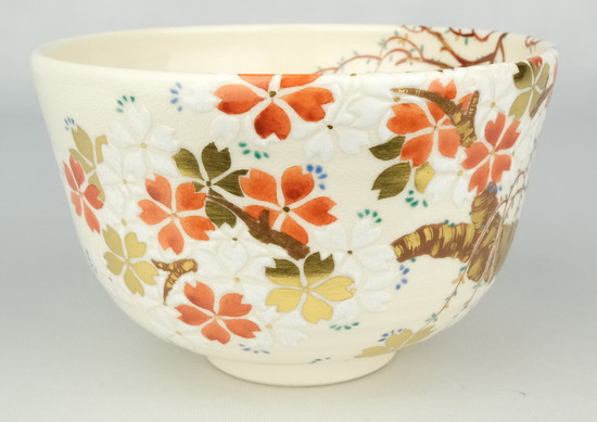 茶道具 茶碗 仁清 色絵 柳に鴛鴦 茜窯 岡田華渓 茶道具 茶碗 仁清 色絵