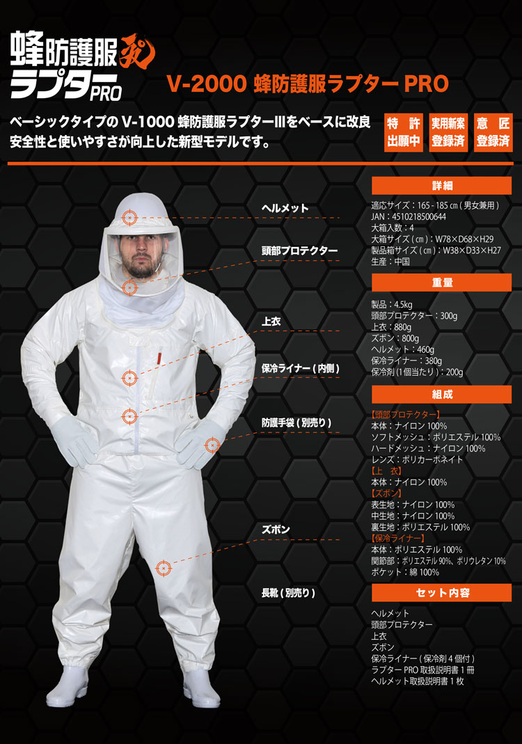 蜂防護服ラプターPRO 蜂防護手袋セット」ハチの脅威からしっかりガード