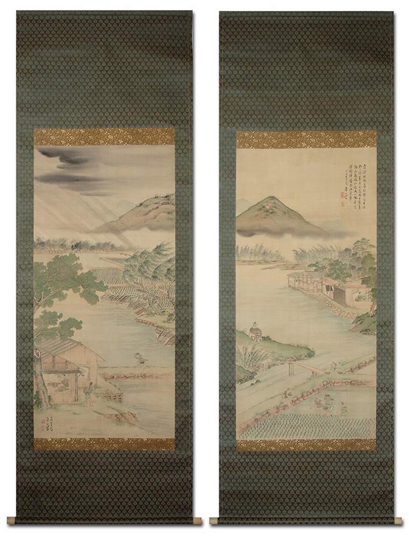 渡辺崋山】真筆 絹本着色 田園耕織図双幅 | 骨董・美術品の高価買取