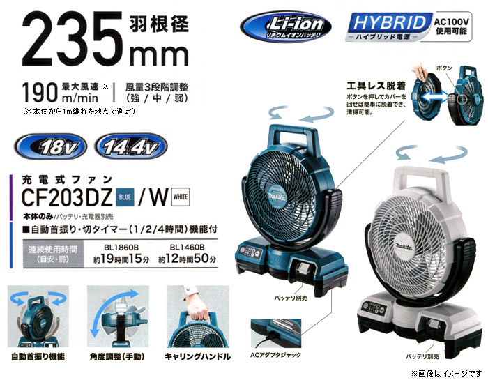 マキタ 14.4V/18V 充電式ファン(羽根径235mm・ACアダプタ付・首振り