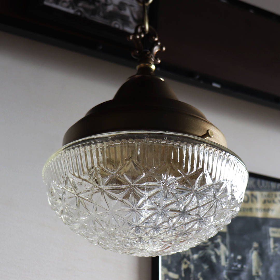 USAヴィンテージラウンドガラスシェードペンダントライト幾何学模様