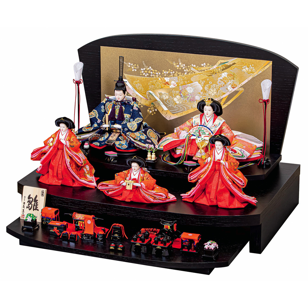 雛人形三段五人飾りセット【P83101】 独創的な飾り台に花丸紋柄の衣装