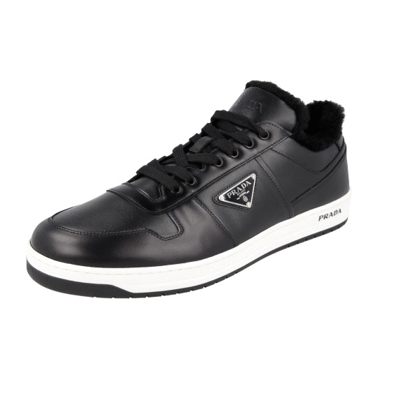 PRADA Leather Downtown Shearling Fur Sneakers 2EE364 Black NEW