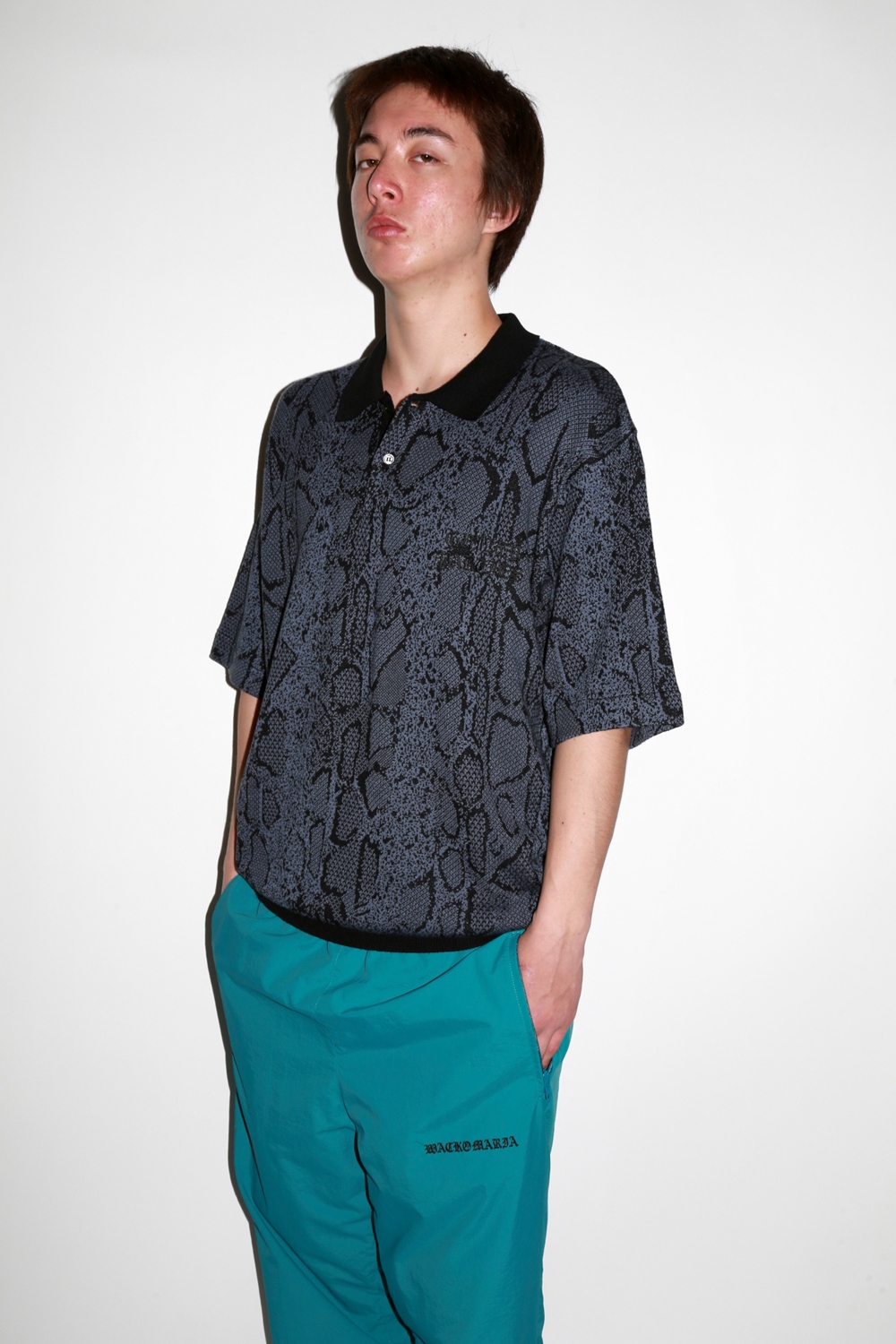 WACKO MARIA/PYTHON JACQUARD KNIT POLO SHIRT（NAVY）［パイソン