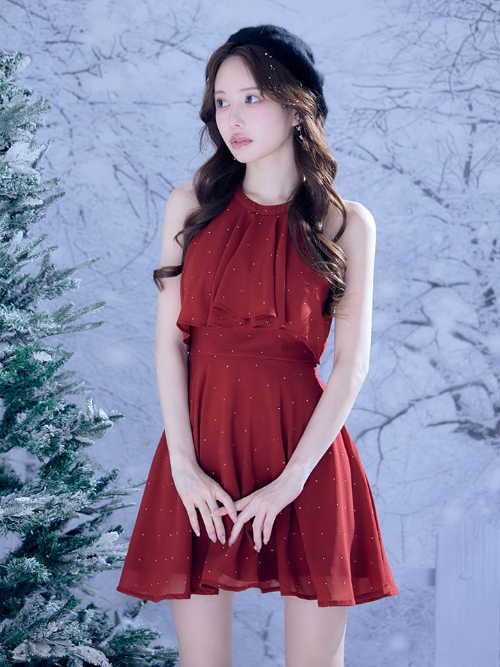 送料無料!ホルターネックバックビジューフレアミニドレス/キャバドレス