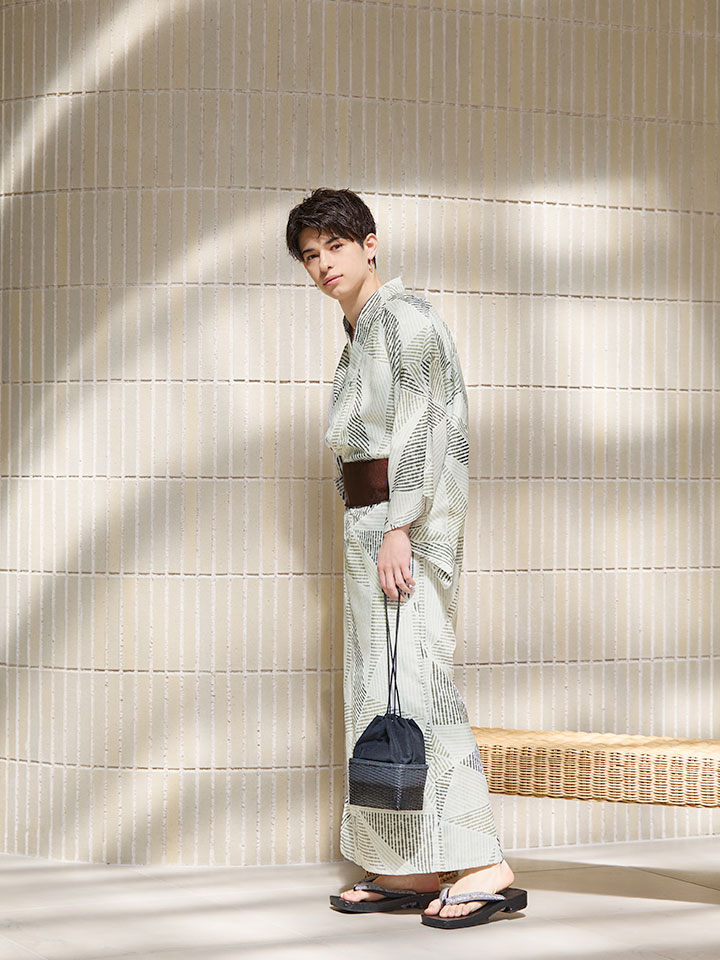 即日発送！】【メンズ浴衣】カーキグリーン幾何学的模様浴衣【浴衣3点