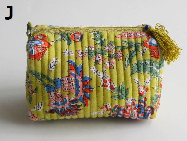 ポーチ ブロックプリント マチ付き キルティングポーチ Mサイズ インド