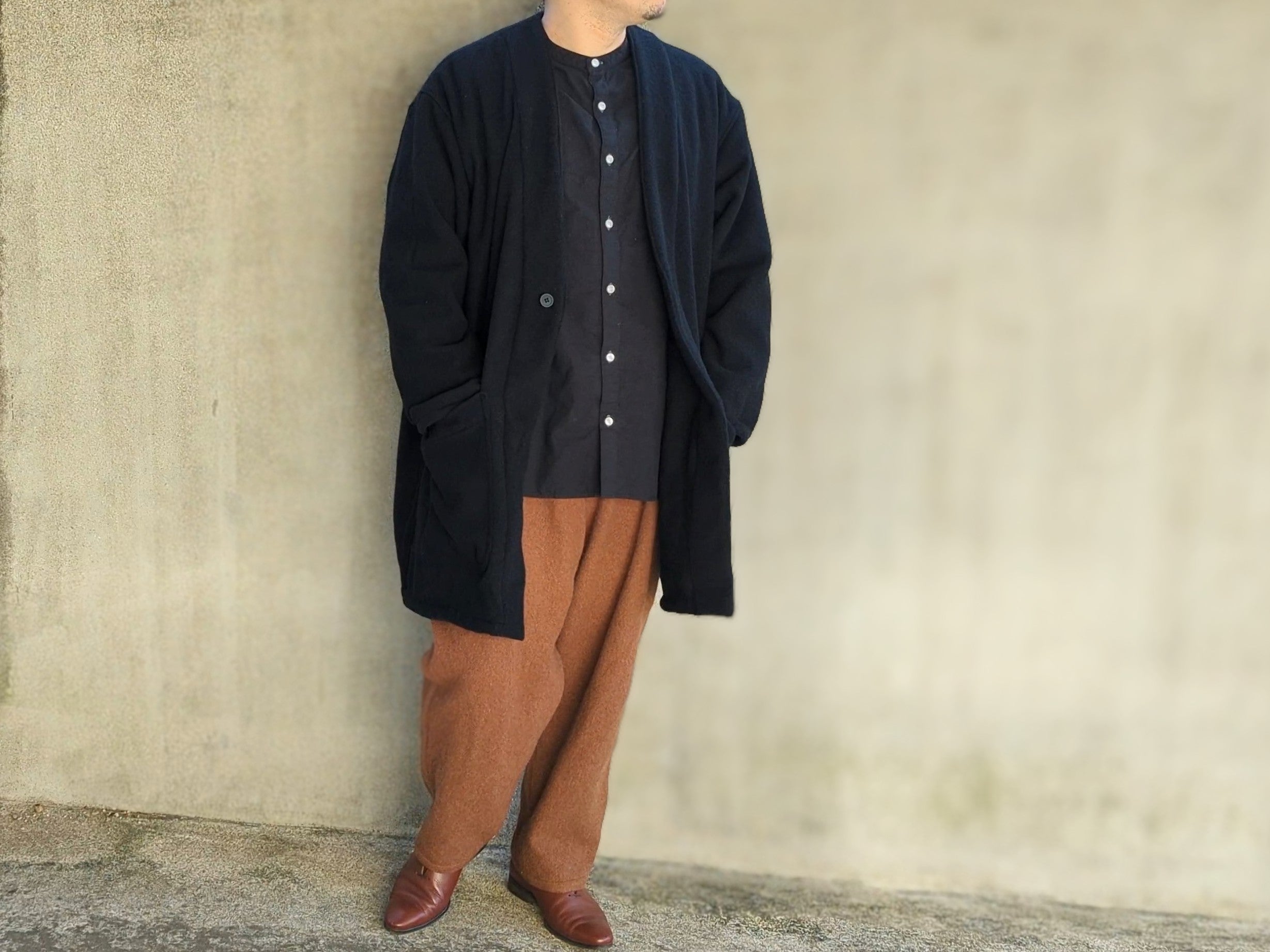 OSOCU＞尾州ウール 毛七 ノーカラージャケット 再生羊毛（リサイクル