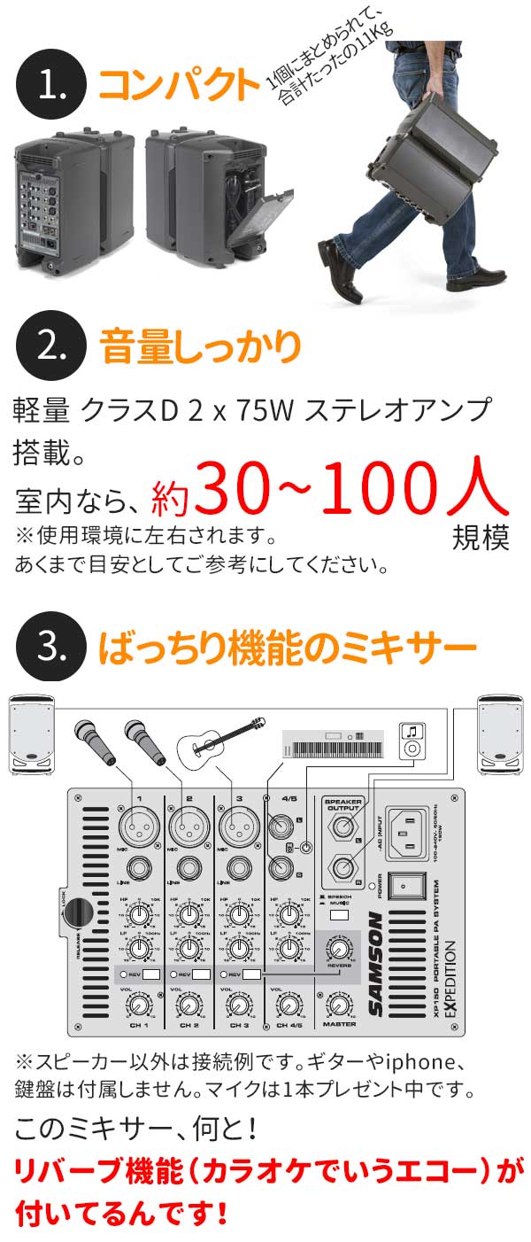 リバーブ機能付き、お買い得コンパトPAセット！】SAMSON/ポータブルPA