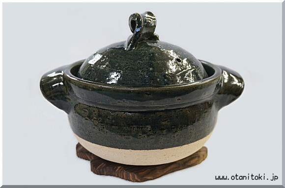 信楽焼3合ご飯鍋土鍋織部色木台付き拡大画像