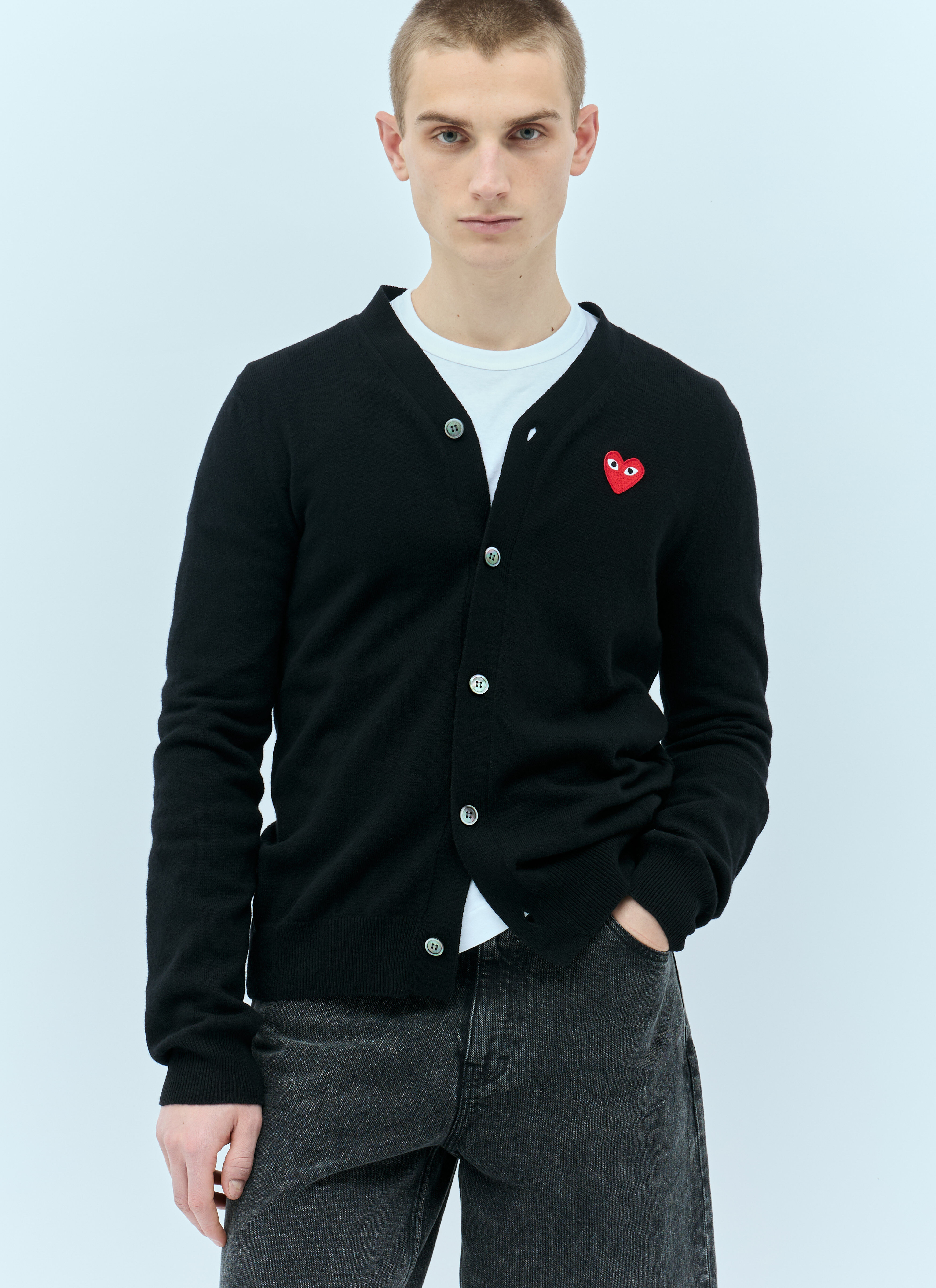 Comme Des Garçons PLAY Men's' Logo Patch Wool Cardigan in Black
