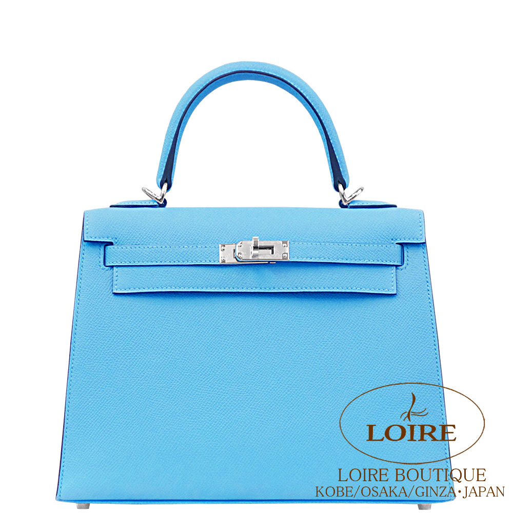 新品 HERMES ケリーベルト水色×シルバー金具 エルメス HERMES ケリー28 外縫い Z刻 ブルーブリュム×シルバー金具