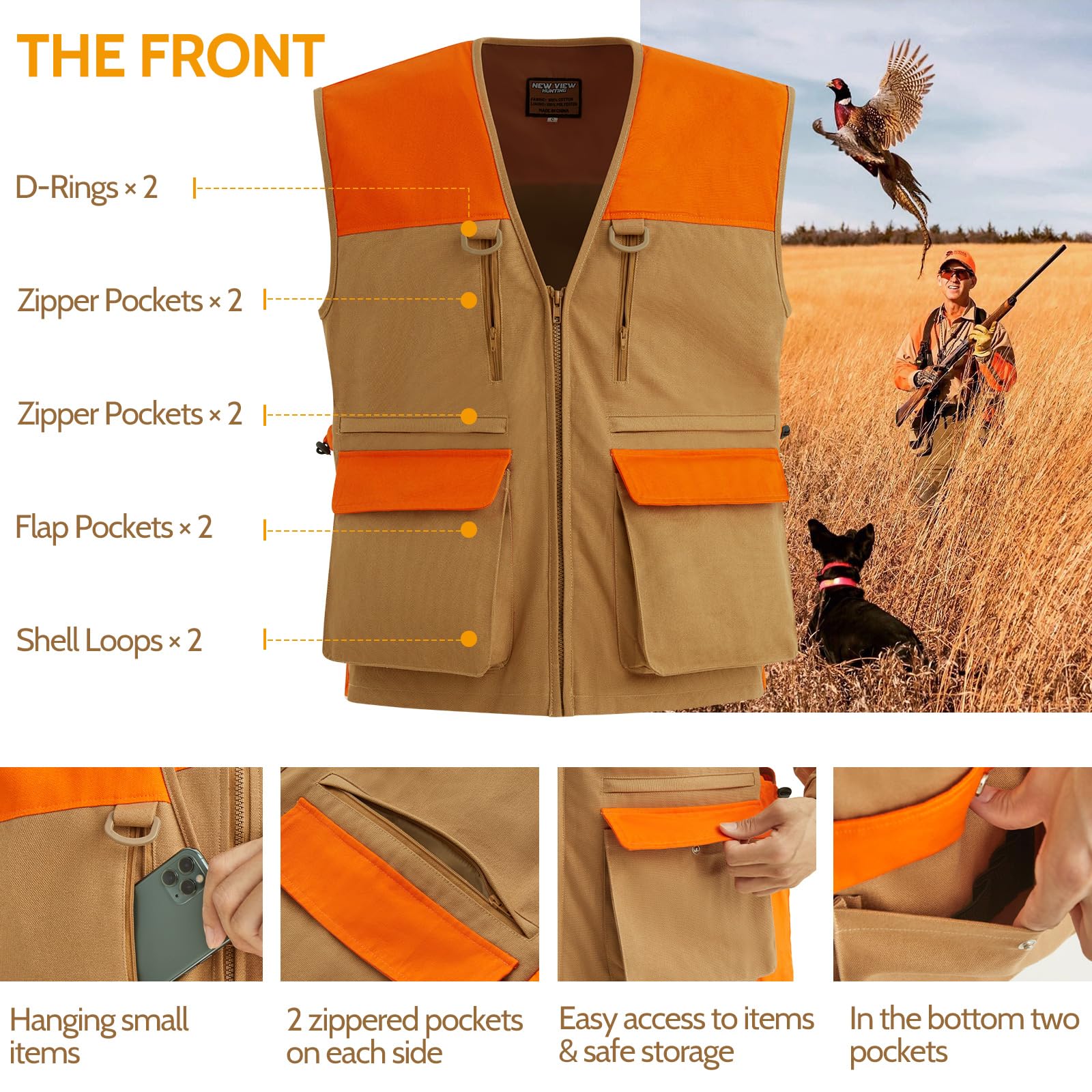 NEW VIEW Upland Hunting Vest for Men- Blaze Orange, Pheasant