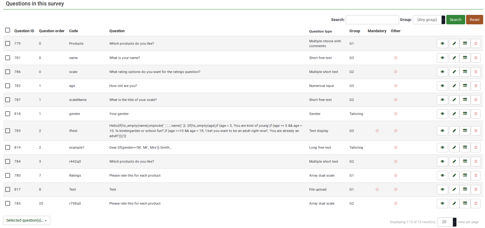 質問リスト - LimeSurvey Manual