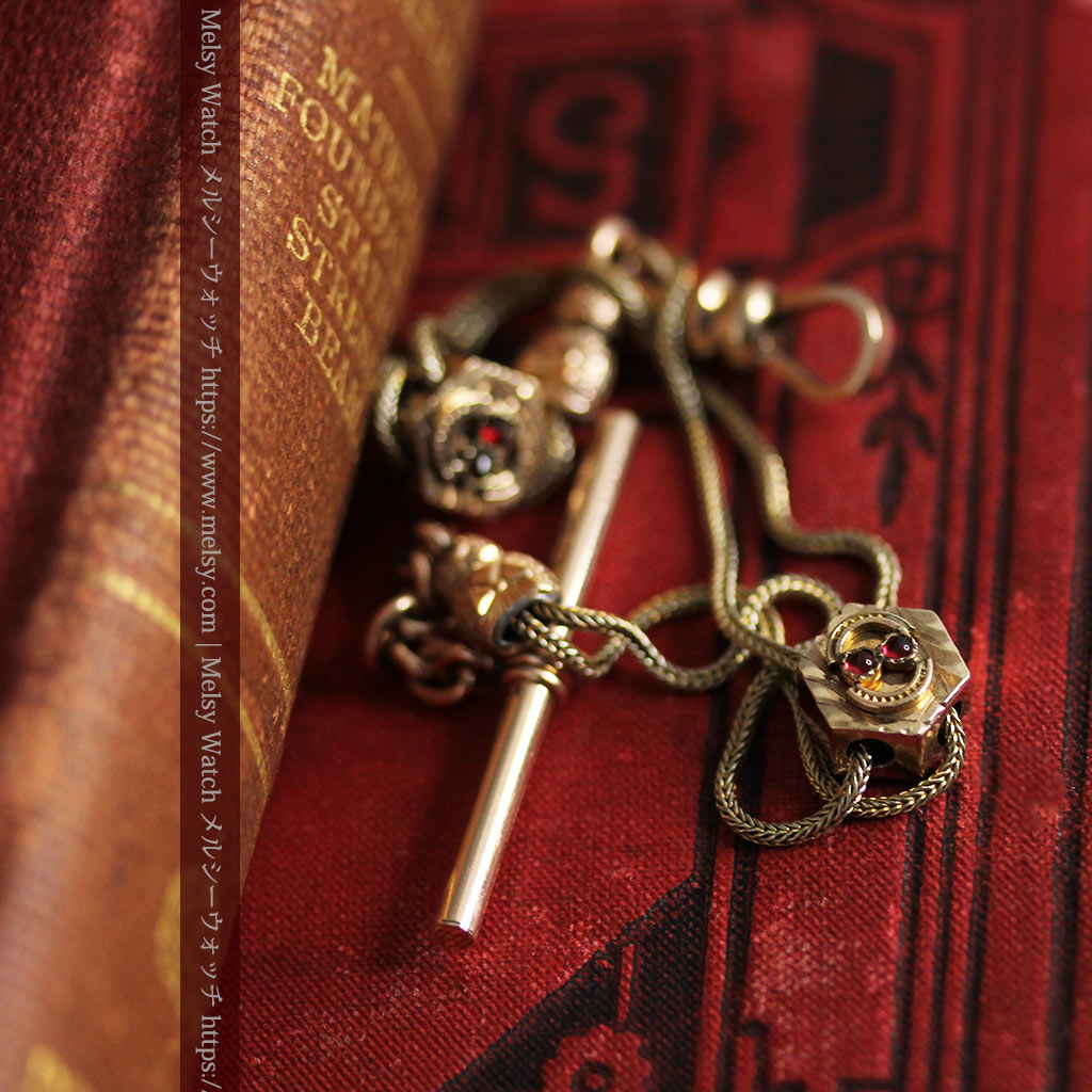 赤い宝石と六角形の装飾付きアンティーク懐中時計チェーン