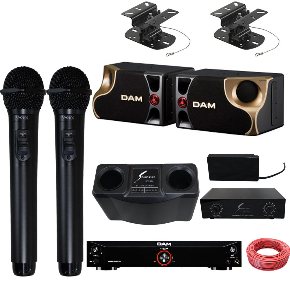 パワーアンプ・ワイヤレスマイク2本付□DAMカラオケスピーカー＋対応