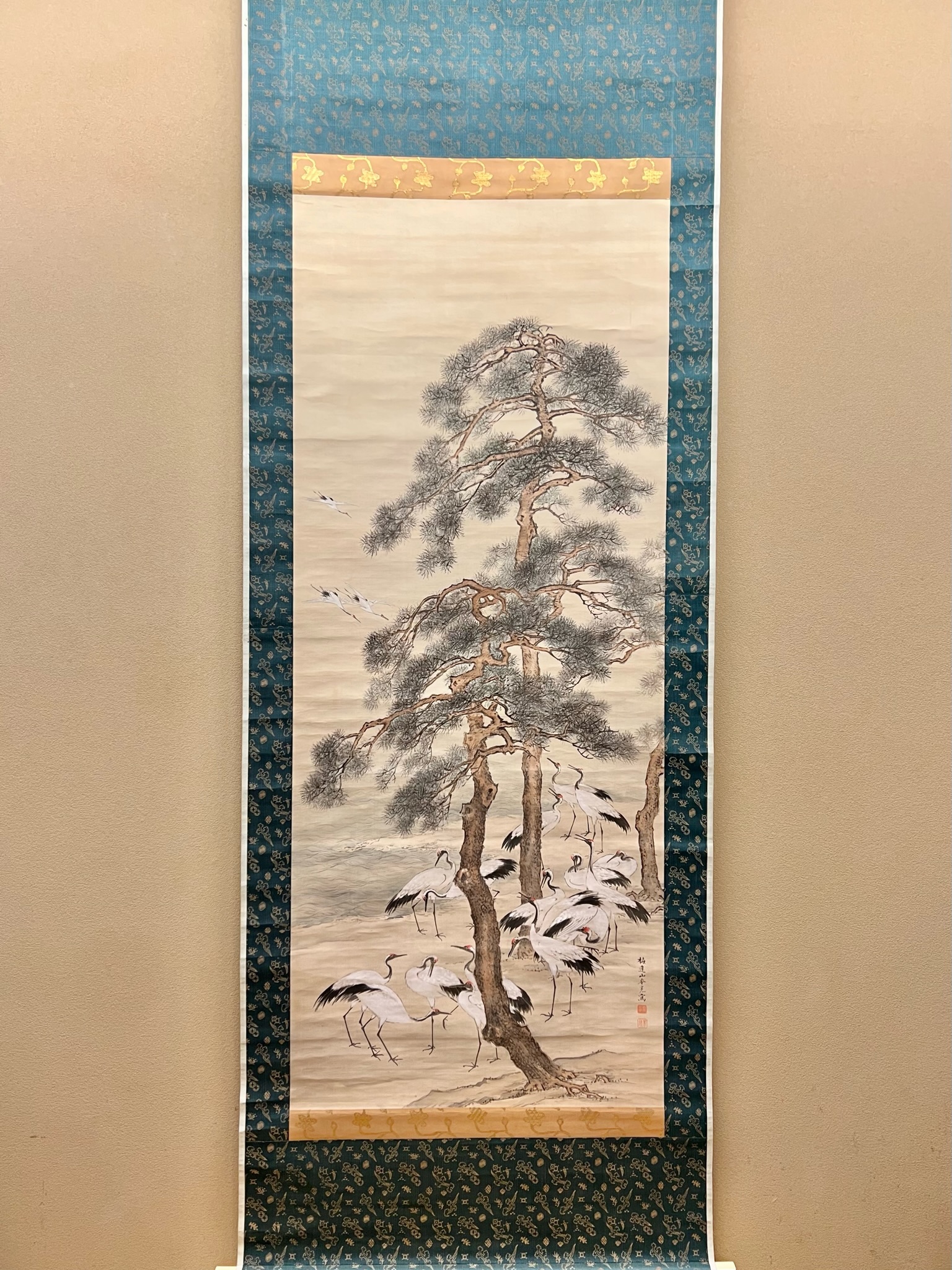 真作/山田秋坪/松鶴延齢図/松鶴図/祝事掛軸/正月掛軸/名家伝来/AE-192