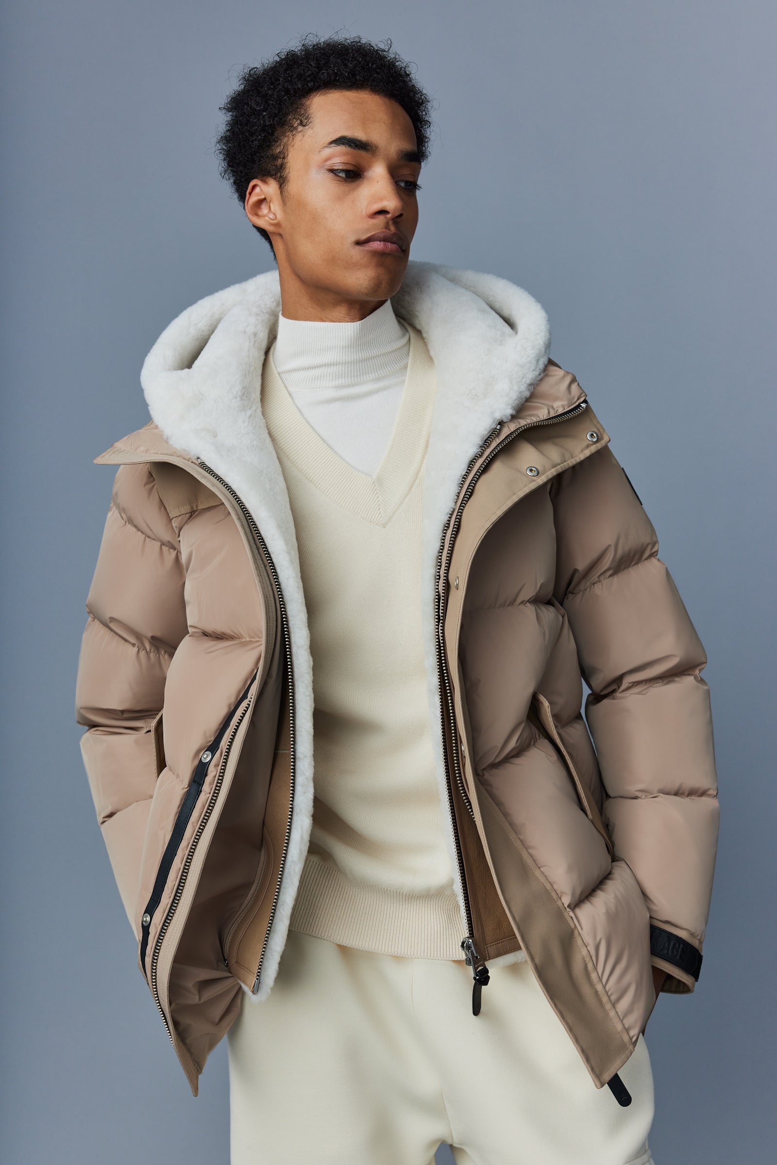 Riley, Classic down jacket with removable shearling bib for men