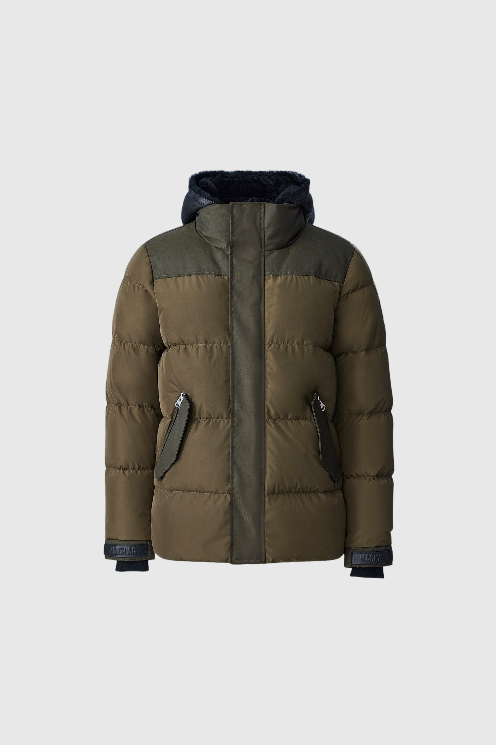 Riley, Classic down jacket with removable shearling bib for men