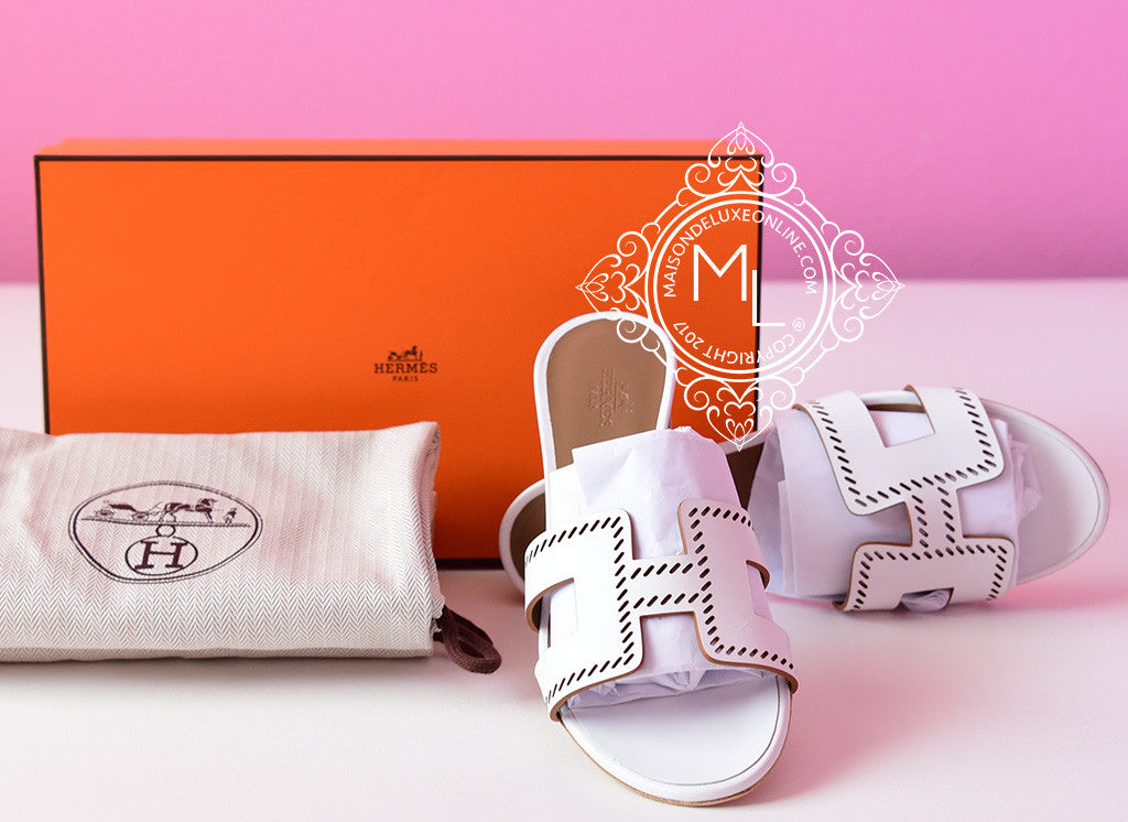 Hermes White Perforated Oasis Sandal Slipper 36.5 Shoes Oran Flats