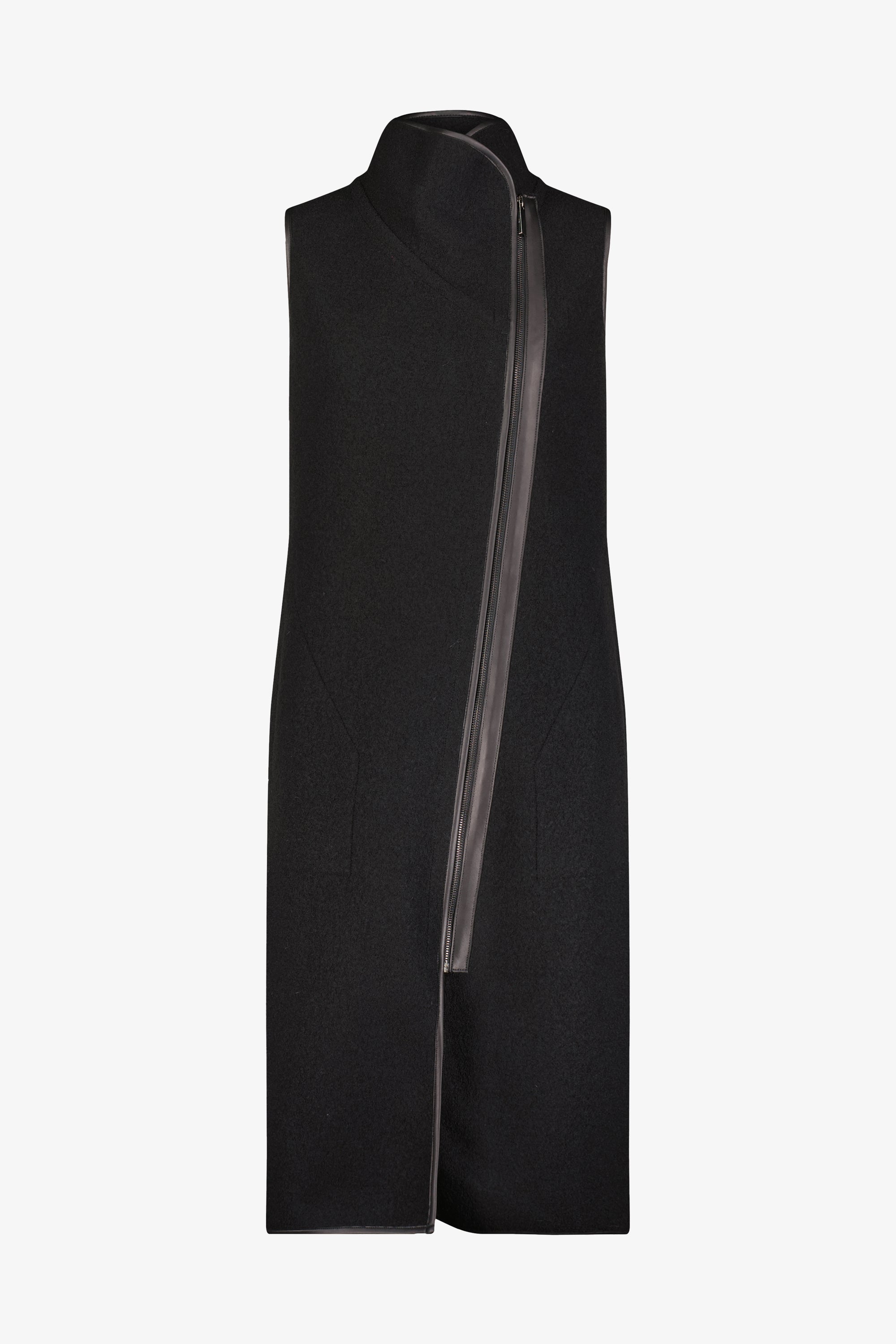 Women's Long Black Wool Vest w Asymmetric Zipper - Kendra Vest