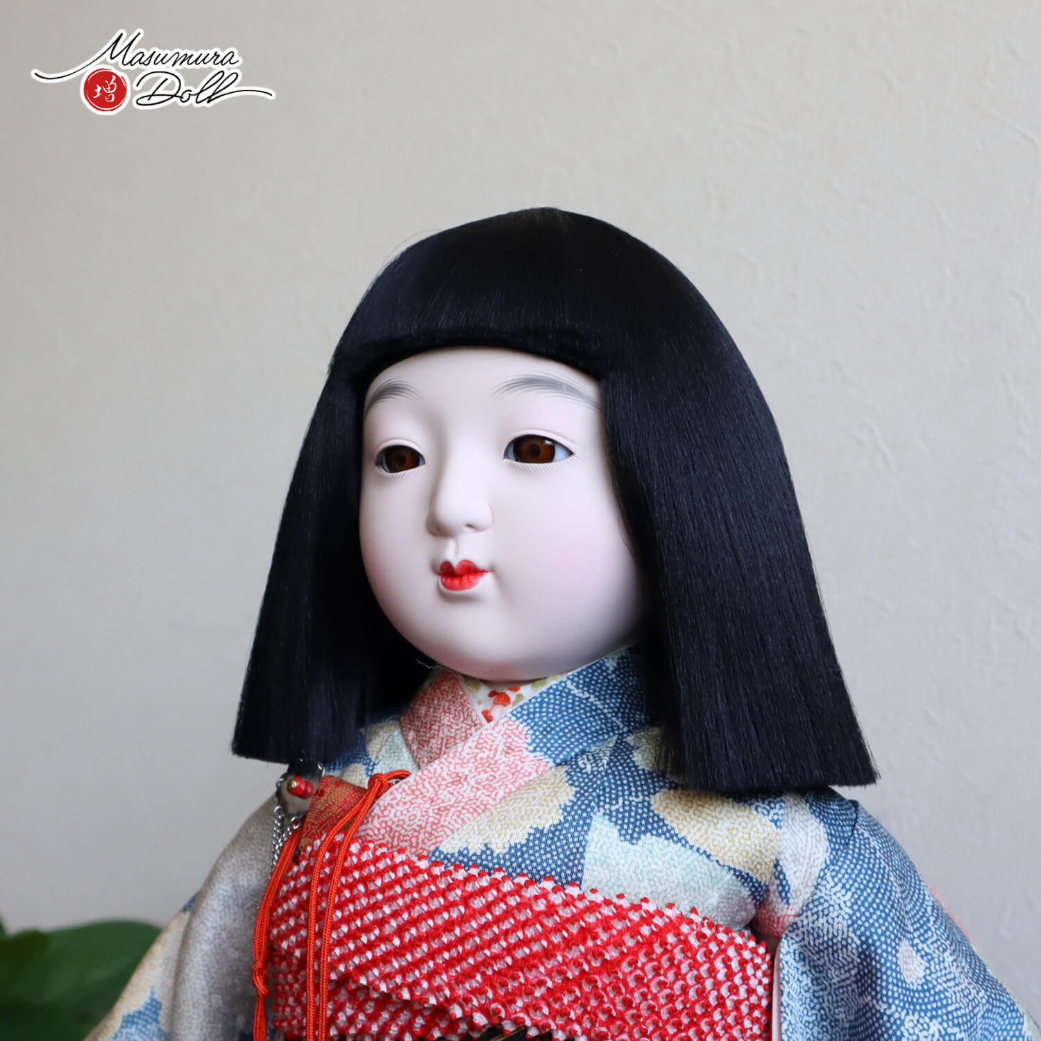 元賀章介作 12号(尺二)正絹 江戸小紋 松竹梅 藍色 越前塗台 市松人形