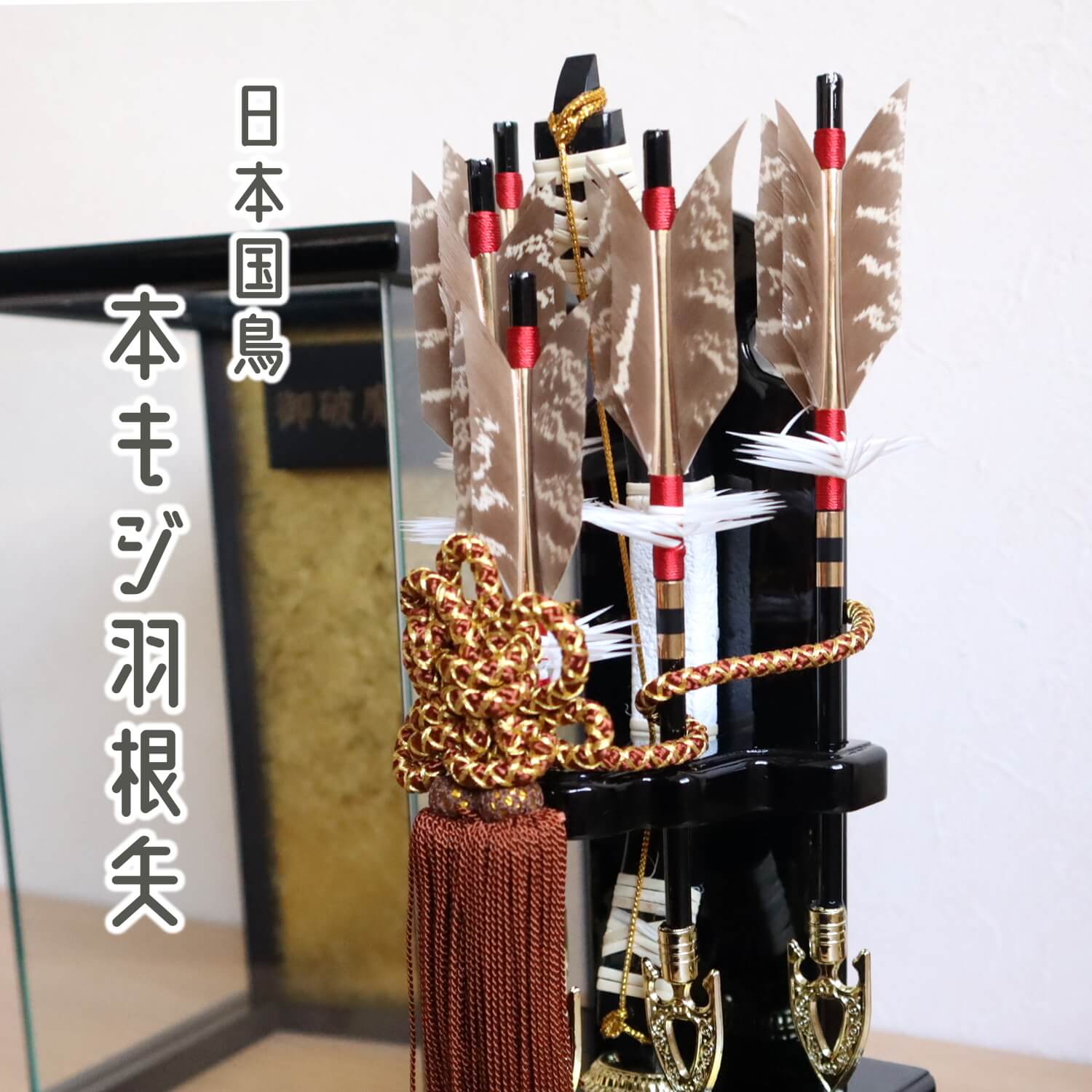 6号 パノラマケース入り破魔弓 「光」 国鳥 天然本キジ羽根 五本矢