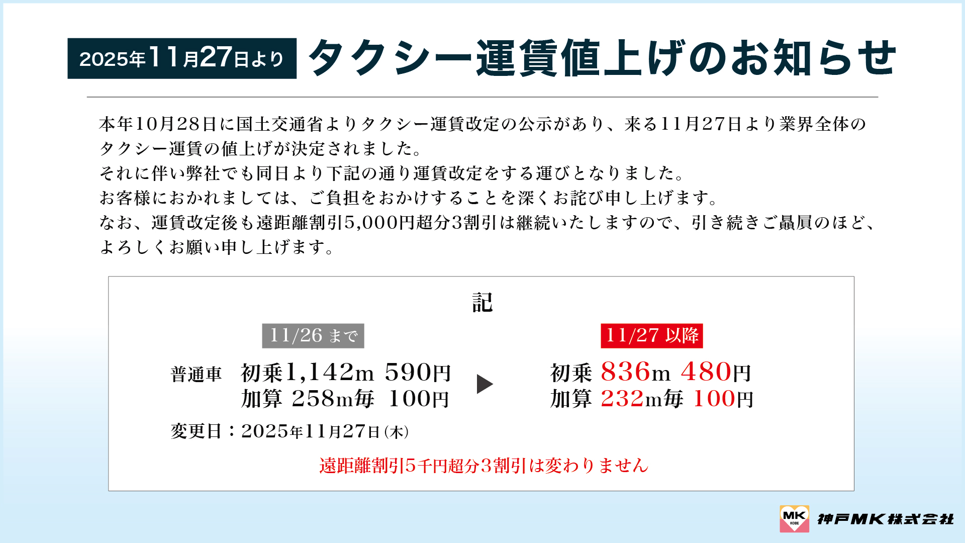 神戸MK】2025年11月27日よりタクシー運賃値上げのお知らせ｜MKグループ