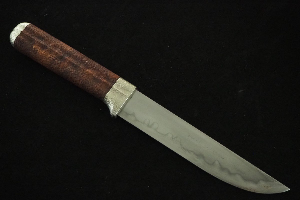 刀匠・竹花一貫斎繁久作 玉鋼洋白鉄刀木把小刀5寸・両刃 | 和式鍛造