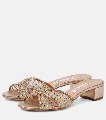 Crystal Love 35 embellished tulle mules in beige - Aquazzura