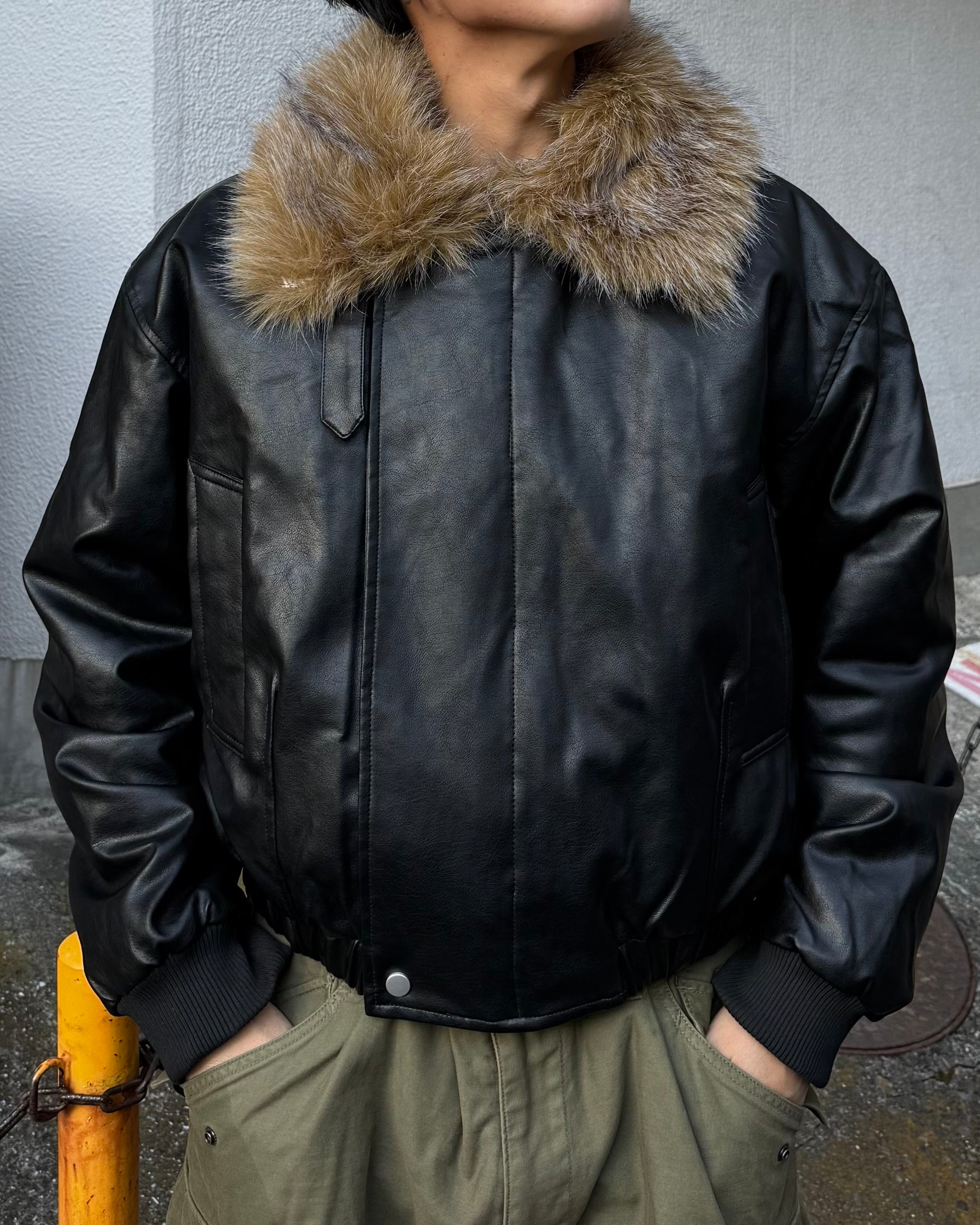 ビッグファーカラーヴィンテージPUレザージャケット KO-005