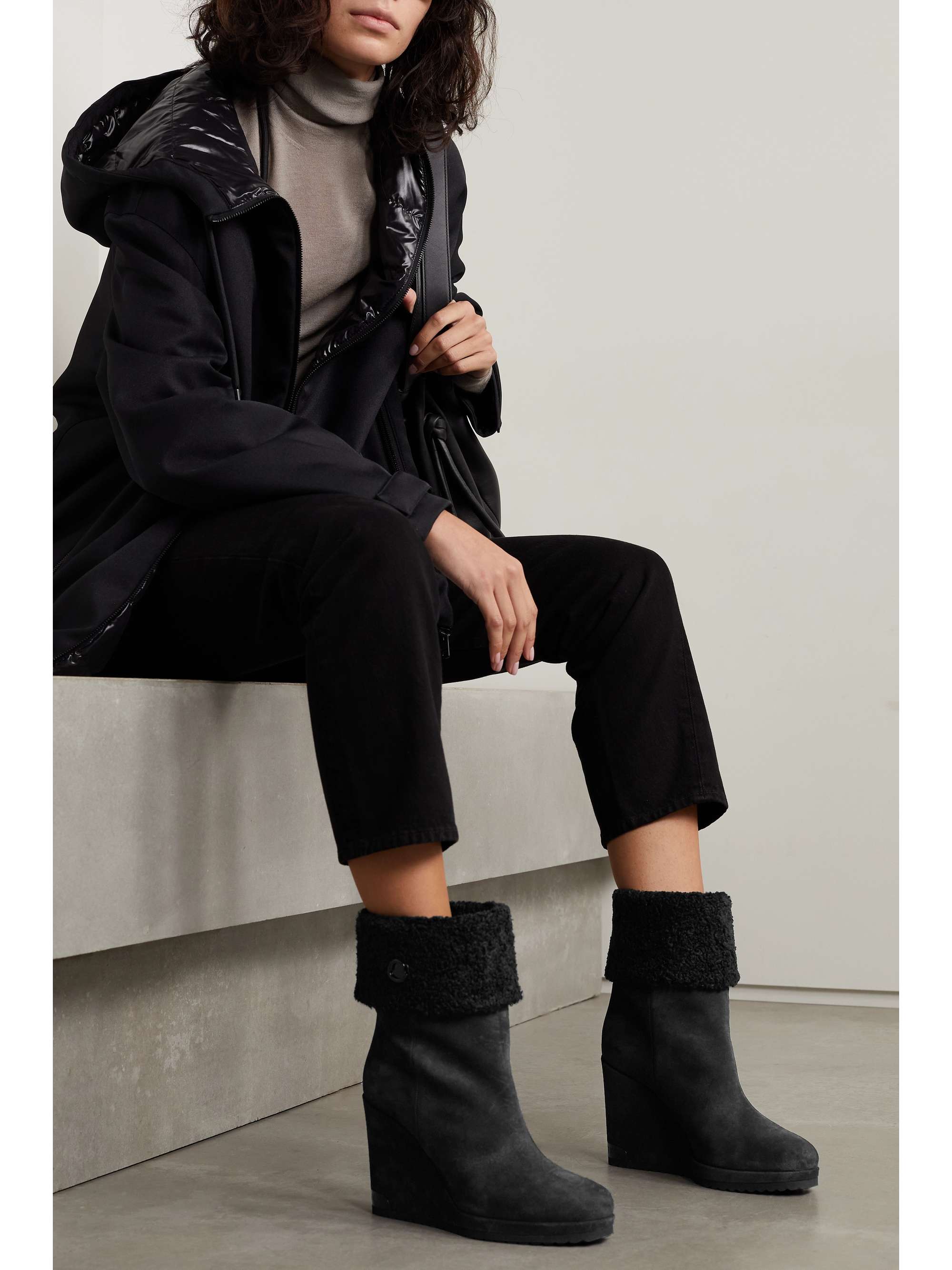 MONCLER W Short faux shearling-lined suede wedge ankle boots | NET