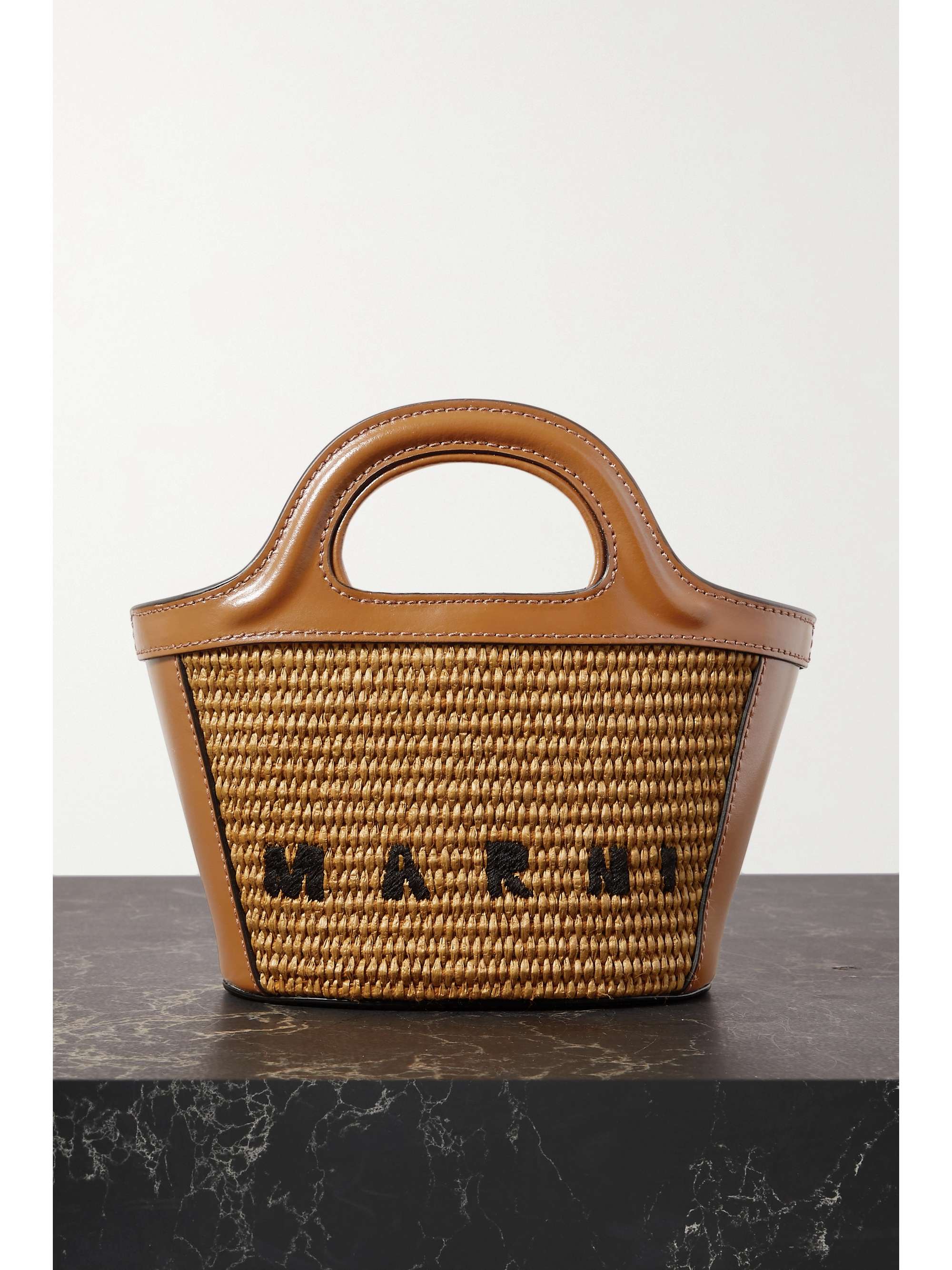 MARNI Tropicalia micro embroidered leather-trimmed raffia tote