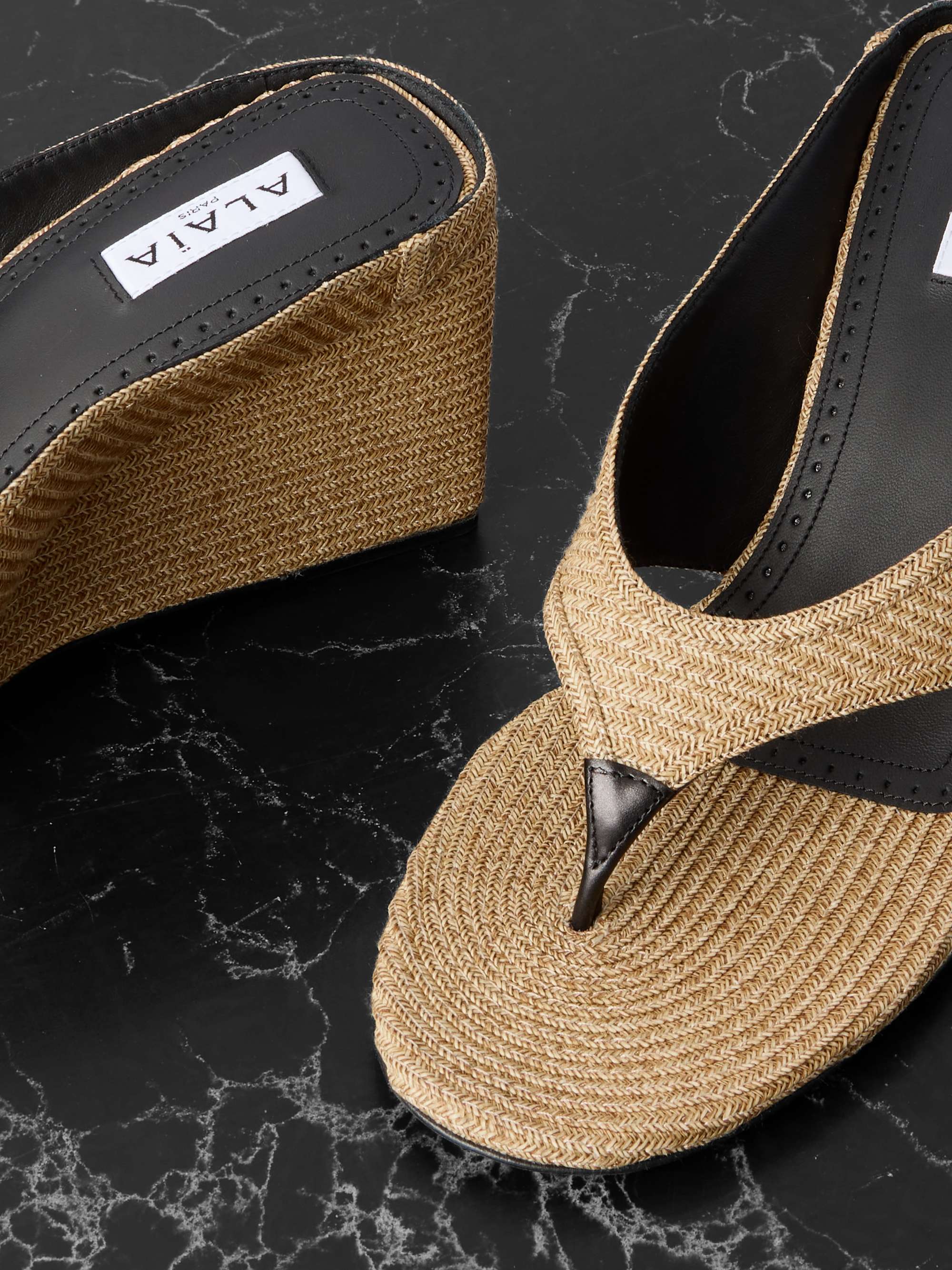 ALAÏA Leather-trimmed woven raffia wedge sandals | NET-A-PORTER