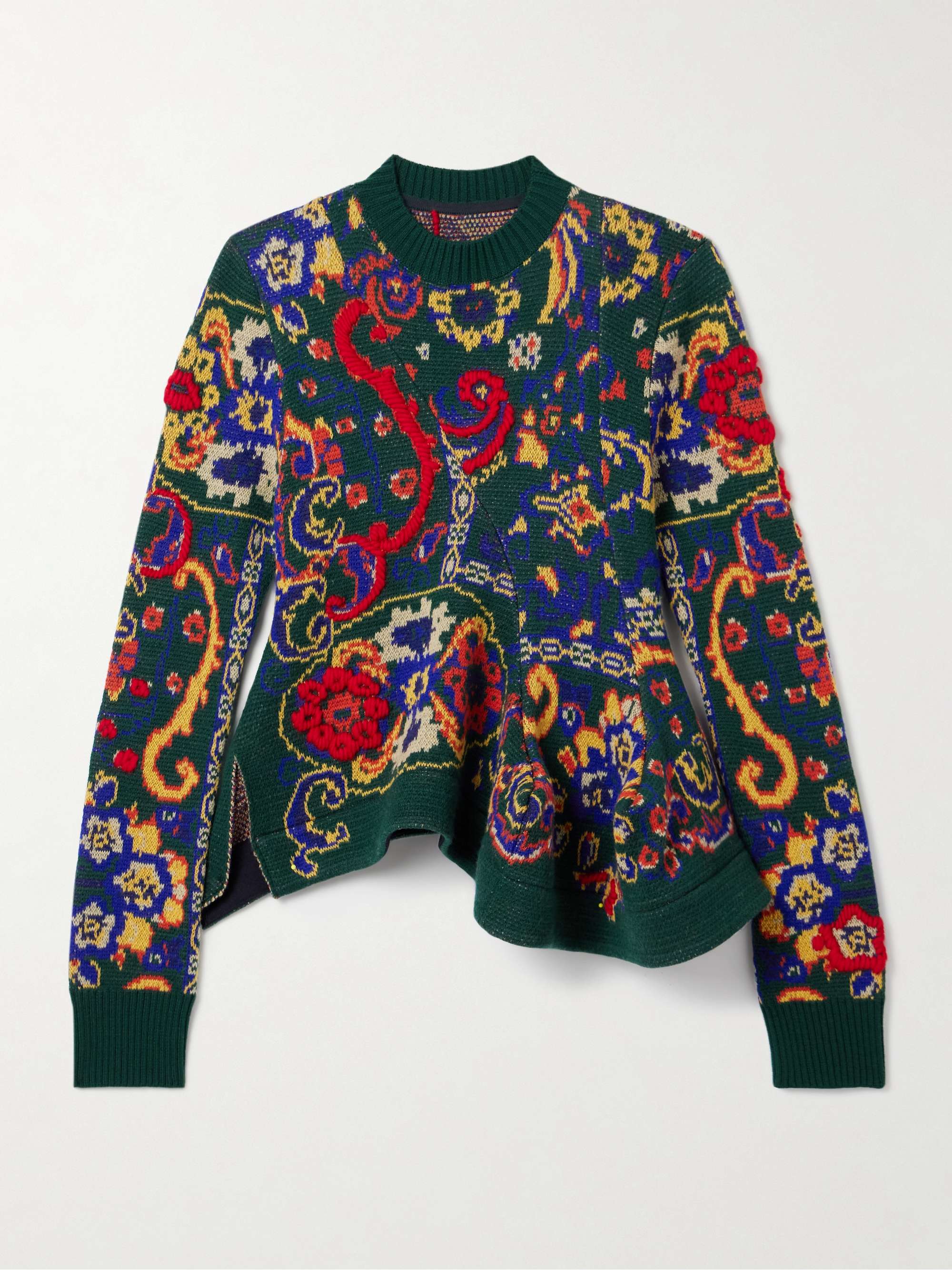 SACAI Draped embroidered jacquard-knit wool sweater | NET-A-PORTER