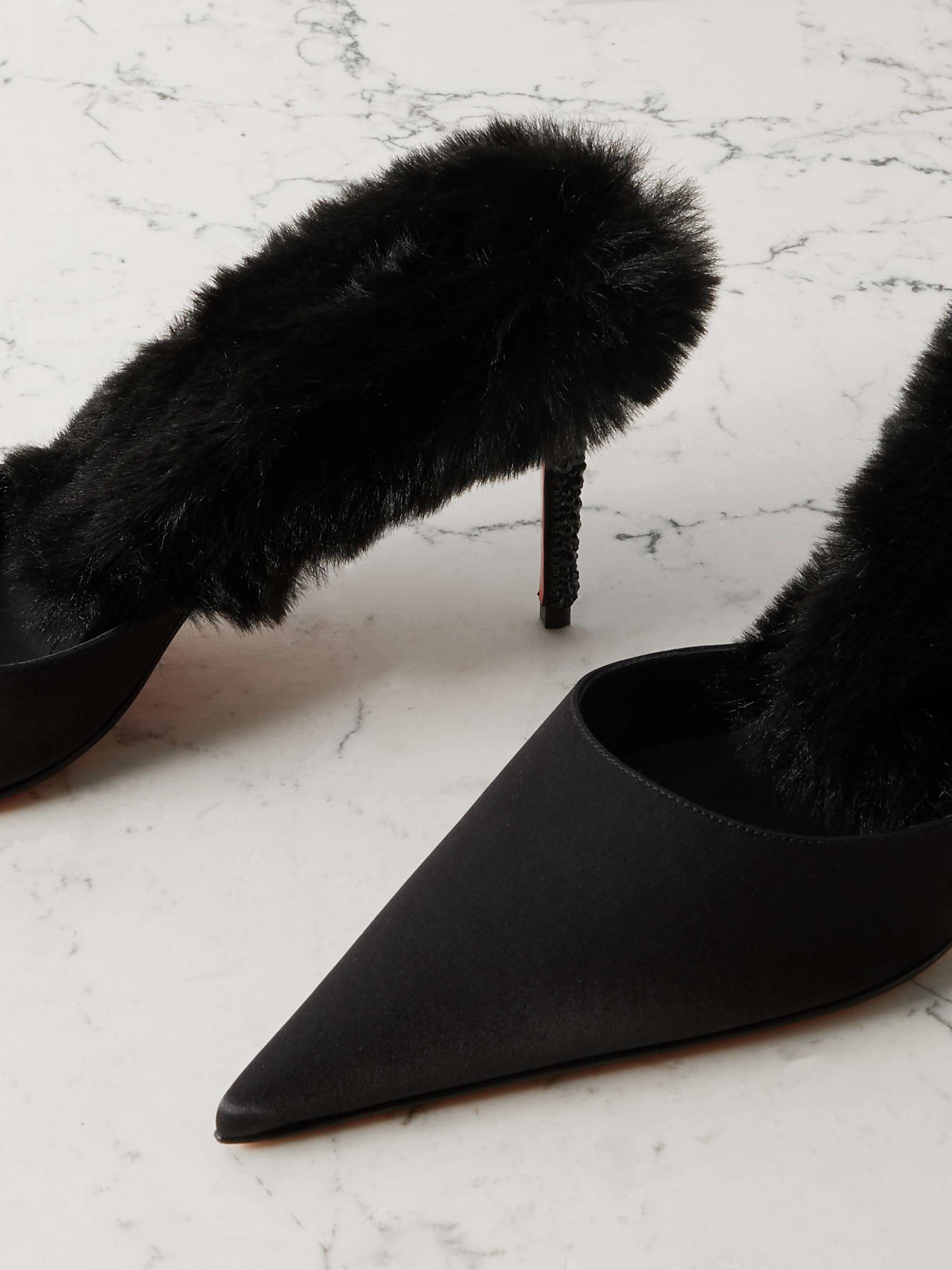 CHRISTIAN LOUBOUTIN Plush-trimmed satin mules | NET-A-PORTER