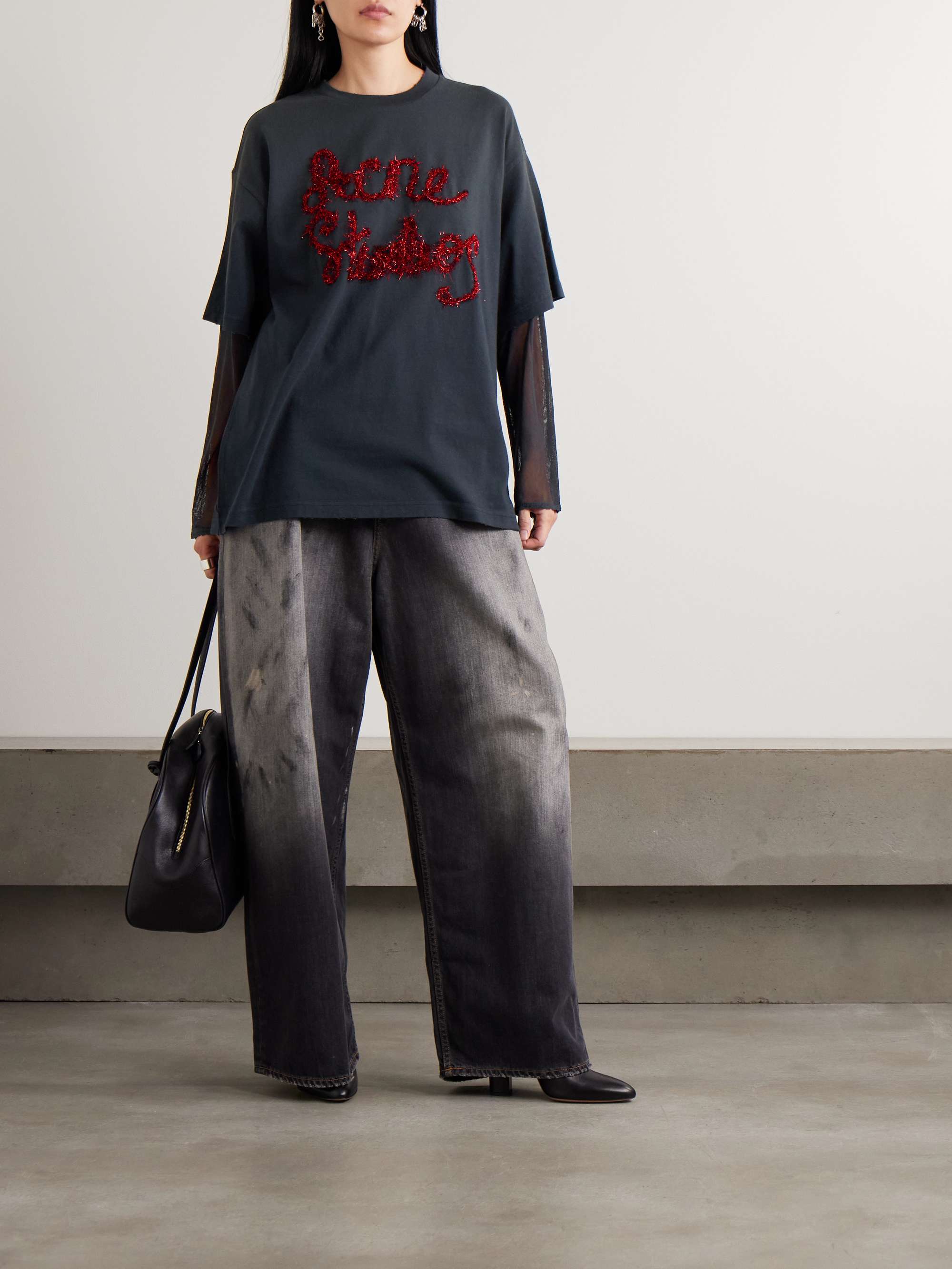 ACNE STUDIOS Tinsel-trimmed layered cotton-jersey and mesh T-shirt