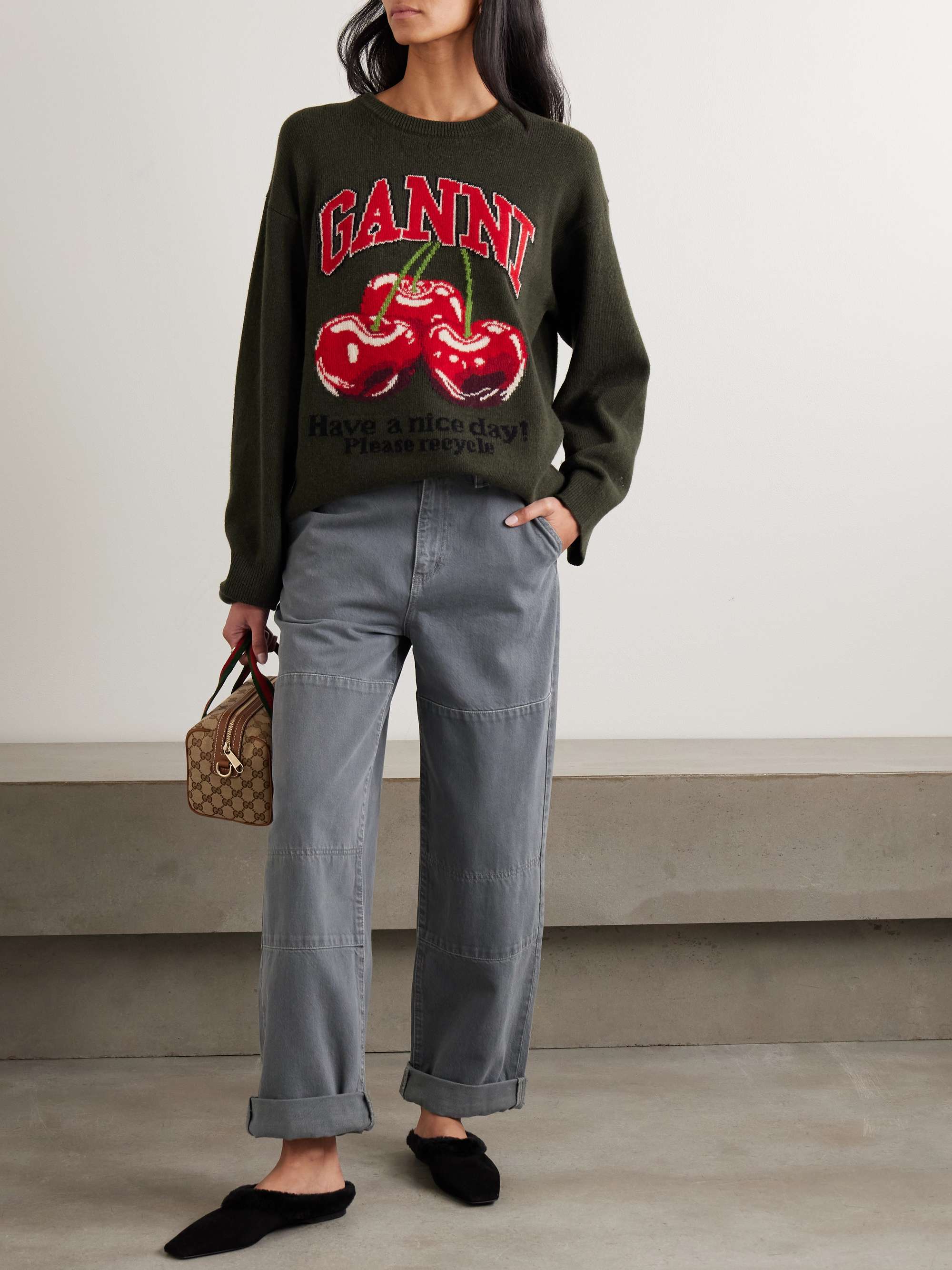 GANNI Oversized jacquard-knit wool-blend sweater | NET-A-PORTER