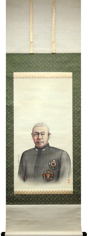 平池芳克筆【皇紀2600年祭 昭和2年作明治天皇尊影画】軸先蒔絵菊の御紋